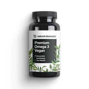 Premium Omega 3 Algenöl von NATURAL ELEMENTS aus Algen gewonnenem DHA und EPA.
