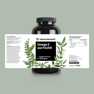 Eine schwarze Flasche mit der Aufschrift „Omega 3 aus Fischöl“ von Natural Elements, mit Blattillustrationen und ausführlichen Ergänzungsinformationen in deutscher Sprache.