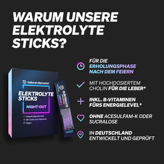 Produktverpackung für "Natural Elements Elektrolyte Sticks Night-Out" mit Auflistung der wichtigsten Merkmale, einschließlich Unterstützung der Regeneration, Leberhilfe, B-Vitamine, Informationen zu Süßungsmitteln und deutscher Entwicklung.