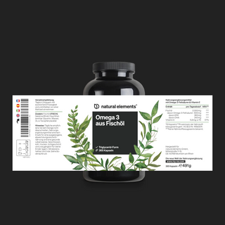 Schwarze Flasche „Natural Elements“ Omega-3-Fischöl-Nahrungsergänzungsmittel mit weißem Etikett mit grünen Blättern und Produktinformationen in deutscher Sprache.