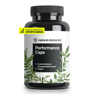 Performance Caps Kapseln von NATURAL ELEMENTS vegan, mit Koffein unterstützen den Stoffwechsel, mit B-Vitaminen angereichert.