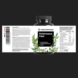Schwarze Flasche des Nahrungsergänzungsmittels "natural elements Performance Caps" mit weißem Etikett, auf dem die Inhaltsstoffe, Nährwertangaben, Verwendungshinweise und die vegane Zertifizierung angegeben sind.