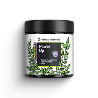 Power Up"-Gaming-Booster-Pulver von Natural Elements mit Pixel-Art-Blatt-Design, Cola-Geschmack und Symbolen für veganen und NewCaff™ 75.