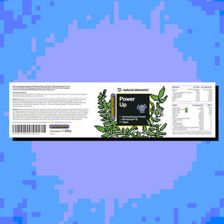 Etikett für "Power Up Gaming Booster Powder" von Natural Elements mit Produktdetails, Inhaltsstoffen, Nährwertangaben und Pflanzengrafiken im Pixel-Art-Stil auf blauem, pixeligem Hintergrund.