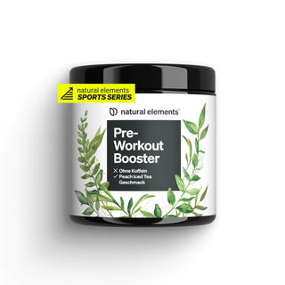 Pre-Workout Booster von natural elements mit Pfirsich-Eistee-Geschmack, der als Teil der Sports Series, vegan