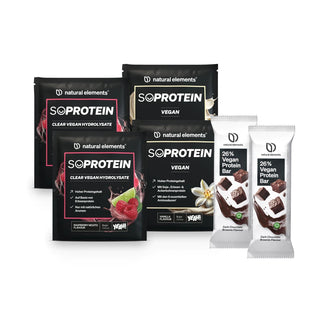 Probierset VEGAN von natural elements, Schokolade, Vanille und Himbeer-Geschmack