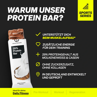 Ein Riegel mit 29 % Proteingehalt und Geschmacksrichtung Milky Coconut wird mit einer Textauflistung der Vorteile wie Muskelunterstützung, zusätzliche Energie, hoher Proteingehalt, kein Zuckerzusatz und deutsche Qualitätsprüfung gezeigt.