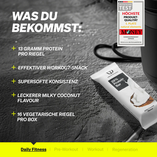 Ein Proteinriegel mit „Milch-Kokosnuss-Geschmack“ wird neben einem Shaker gezeigt. Der Text hebt den Proteingehalt, die Vorteile des Snacks und den vegetarischen Status hervor.