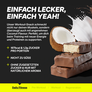 Ein schokoladenüberzogener Eiweißriegel mit Kokosnussfüllung ist neben einer halbierten Kokosnuss abgebildet, zusammen mit einem deutschen Text, der die ernährungsphysiologischen Vorteile hervorhebt.