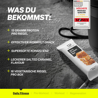 Ein Proteinriegel auf einer grauen Oberfläche mit einem Text, der seine Vorteile auflistet: 13 g Protein pro Riegel, effektiver Trainingssnack, gleichmäßige Textur, gesalzener Karamellgeschmack, 16 Riegel pro Schachtel.