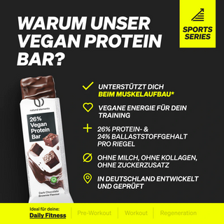 Ein veganer Proteinriegel mit den wichtigsten Vorteilen, darunter Muskelunterstützung, hoher Protein- und Ballaststoffgehalt, keine Milch oder Kollagen und Entwicklung und Prüfung in Deutschland.