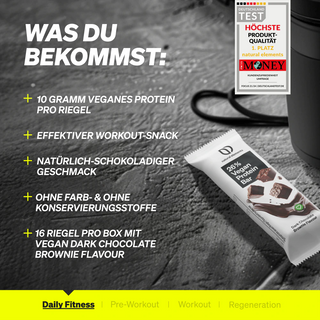 Ein Werbebild, das die Eigenschaften eines veganen Proteinriegels auflistet und seinen Proteingehalt, den natürlichen Schokoladengeschmack, das Fehlen von Zusatzstoffen und die Schachtel mit 16 Riegeln hervorhebt.