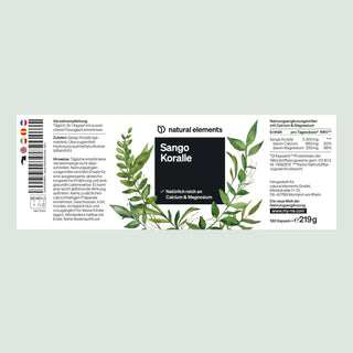 Sango Koralle" von natural elements mit grünen botanischen Illustrationen und Produktinfos auf Deutsch.