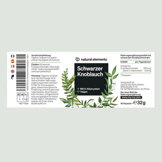 Label mit Inhaltsstoffen, Nährwertangaben und Herstellerangaben des veganen natural elements Schwarzer Knoblauch Supplements.