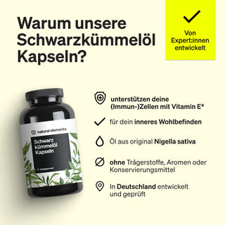 Eine Flasche mit Schwarzkümmelöl Kapseln von natural elements ist neben einer Liste von Produktvorteilen und -merkmalen in deutscher Sprache auf einem hellen Hintergrund abgebildet.