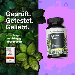 Eine Flasche des Nahrungsergänzungsmittels "Screen Saver" von Natural Elements wird neben einem deutschen Text über Labortests und Produktqualität gezeigt.