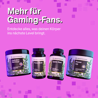 Der deutsche Text beschreibt Nahrungsergänzungsmittel auf natürlicher Basis und ihre spezifischen Vorteile für Spielbegeisterte.