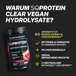 Schwarze Werbegrafik für SOPROTEIN Clear Vegan Hydrolysate, die Vorteile wie hoher Proteingehalt, vegan, fruchtiger Geschmack, fettfrei und deutsche Entwicklung und Tests aufführt.