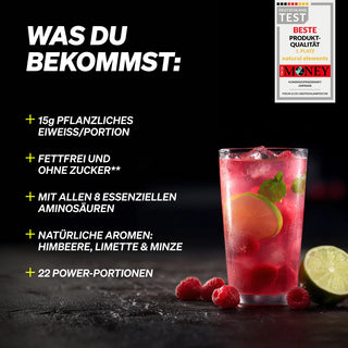 Ein Glas mit einem rosafarbenen Getränk mit Himbeeren, Limettenscheiben und Minze auf einer dunklen Fläche, mit einem Text, der die ernährungsphysiologischen Vorteile des Getränks in deutscher Sprache hervorhebt.