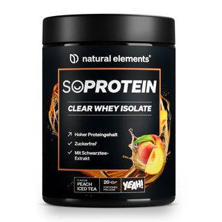 SO PROTEIN Clear Whey Isolate, Pfirsich-Eistee-Geschmack, hoher Eiweißgehalt, zuckerfrei, mit natürlichem Schwarztee-Extrakt.