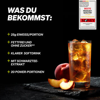 Ein Glas Eistee mit Zitronenscheiben und Pfirsichspalten daneben, begleitet von einem deutschen Text, der die Produktvorteile auflistet, und einer Qualitätsauszeichnungsplakette.