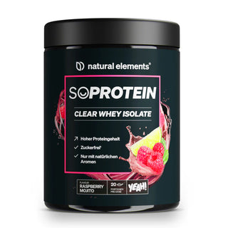 Ein schwarzer Behälter mit SO PROTEIN Clear Whey Isolate von Natural Elements, Himbeer-Mojito-Geschmack, mit Abbildungen von Himbeeren und Limetten auf dem Etikett.