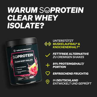 Schwarzer Behälter von SOProtein Clear Whey Isolate mit Erdbeergrafik; der Text hebt die Unterstützung von Muskeln und Knochen, den hohen Eiweißgehalt, die Fettfreiheit, den fruchtigen Geschmack und die deutsche Entwicklung hervor.