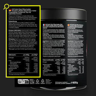 Ein schwarzer Behälter von SoProtein Clear Whey Isolate mit einem Etikett mit Produktdetails, Nährwerten, Zutaten und Zubereitungshinweisen in deutscher Sprache.
