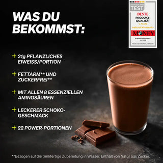 Ein Glas Schokoladenproteinshake steht neben Schokoladenstückchen auf einer dunklen Fläche, mit einem Text, der die Nährwerte und Eigenschaften des Produkts in deutscher Sprache auflistet.