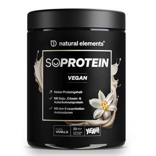 SO PROTEIN VEGAN-Pulver von natural elements, Vanillegeschmack, Soja-, Erbsen- und Favabohnenprotein enthält.