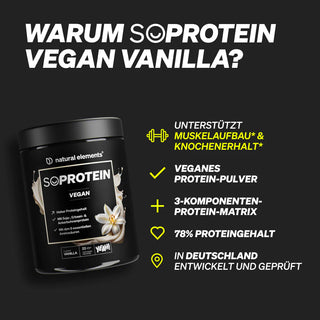 Schwarzer Behälter mit SOProtein Vegan Vanilla Proteinpulver mit einer Auflistung der Produktvorteile, darunter vegane Formel, 3-Komponenten-Proteinmischung, 78% Proteingehalt und deutsche Entwicklung.