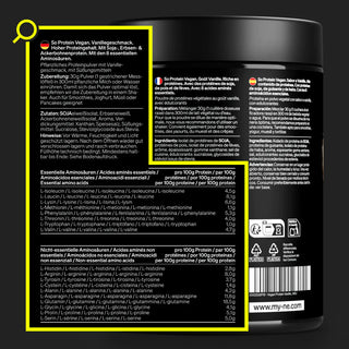 Deutsche und englische Nährwertangaben und Zutatenliste mit Angabe des Proteingehalts und der essentiellen Aminosäuren pro 100 g.