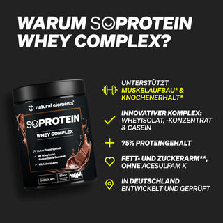 Natural elements SOPROTEIN Whey Complex mit Produktvorteilen auf Deutsch.