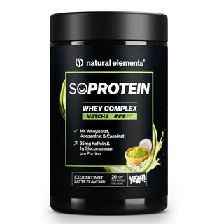 SoProtein Whey Complex von NATURAL ELEMENTS mit 20 g Protein pro Portion und der Geschmacksrichtung „Iced Coconut Latte“.