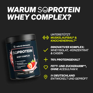Schwarzer Behälter von SOProtein Whey Complex mit Erdbeergeschmack, mit Produktvorteilen und Nährwertangaben auf Deutsch auf dunklem Hintergrund.