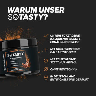 Eine schwarze Dose mit SoTasty-Aromapulver steht neben einer Liste mit Produktvorteilen in deutscher Sprache, darunter natürliche Zutaten, echter Zimt, keine GVO und deutsche Entwicklung.