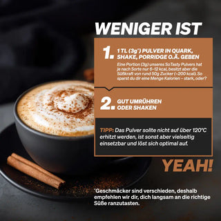 Eine Tasse Cappuccino mit Zimtstangen daneben; der Text erklärt die Verwendung von 1 Teelöffel Pulver in Joghurt, Shake oder Porridge und weist darauf hin, dass das Pulver nicht über 120 °C erhitzt werden darf.