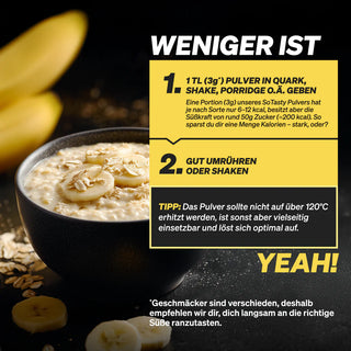 Eine Schüssel Brei mit Bananenscheiben und Kernen wird neben einem deutschen Text gezeigt, in dem erklärt wird, wie man ein Süßungspulver mit wenig Kalorien verwendet.