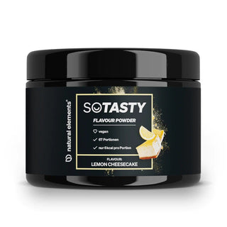 SoTasty Geschmackspulver von NATURAL ELEMENTS, Lemon Cheesecake-Geschmack, vegan, mit 67 Portionen und 6 kcal pro Portion.
