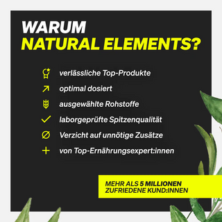 Grafik, die die Vorteile von "Natural Elements" auflistet, einschließlich zuverlässiger Produkte, optimaler Dosierung, ausgewählter Inhaltsstoffe, im Labor geprüfter Qualität, ohne unnötige Zusatzstoffe und fachkundiger Beratung.