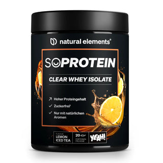SoProtein Clear Whey Isolate, Geschmacksrichtung Lemon Iced Tea, mit Zitronenscheiben, Eiswürfeln und detaillierten Produktinfos auf dem Etikett.