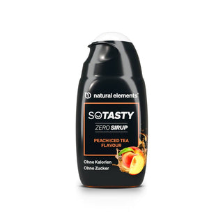 SoTasty Zero Sirup mit Pfirsich-Eistee-Geschmack, mit Pfirsichen und den Angaben „ohne Zucker“, „ohne Kalorien“ und „natürliche Zutaten“ auf dem Etikett.
