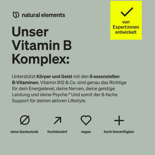 Produktinformationsgrafik für einen Vitamin-B-Komplex von Natural Elements, die seine Vorteile, 8 essentielle B-Vitamine und Eigenschaften wie gentechnikfrei, hochdosiert, vegan und hohe Bioverfügbarkeit hervorhebt.