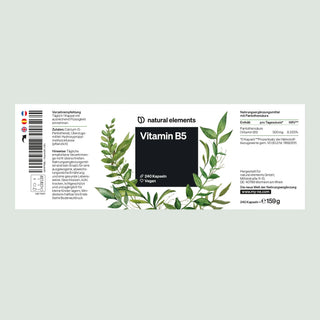 Vitamin B5 Kapsel-Etikett von natural elements, mit grünen Blättern, Inhaltsstoffen, Zusatzinformationen und Barcode.