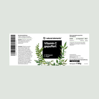 Etikett für "natural elements Vitamin C gepuffert" mit grünen Blättern, Produktinfos, Zutaten und Nährwerten auf Deutsch.