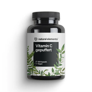 Schwarze Flasche mit gepufferten Vitamin-C-Kapseln von Natural Elements, als vegan gekennzeichnet, mit 120 Kapseln, mit grünem Botanik-Design auf weißem Hintergrund.