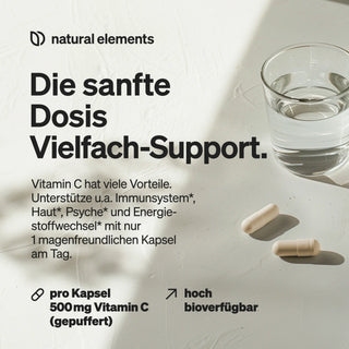 Text hebt 500mg Vitamin C durch natürliche Elemente zur täglichen Unterstützung hervor.