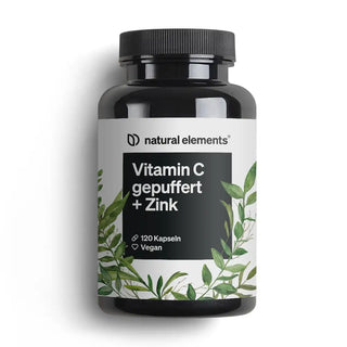 Eine schwarze Flasche mit der Aufschrift „Natural Elements Vitamin C gepuffert + Zink“, die 120 vegane Kapseln enthält, mit grünen Blattillustrationen auf dem Etikett.