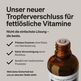 Der deutsche Text hebt die natürlichen Inhaltsstoffe und den innovativen, präzisen Einsatz eines neuen Tropfverschlusses für fettlösliche Vitamine hervor.