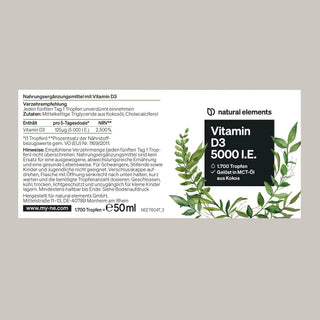 Etikett mit Produktinformationen, Inhaltsstoffen und Anwendungshinweisen für ein Vitamin D3-Präparat, mit grünen Blättern verziert.